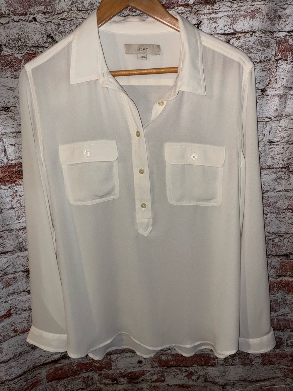 LOFT Cream Long-Sleeve Button Placket Shirt